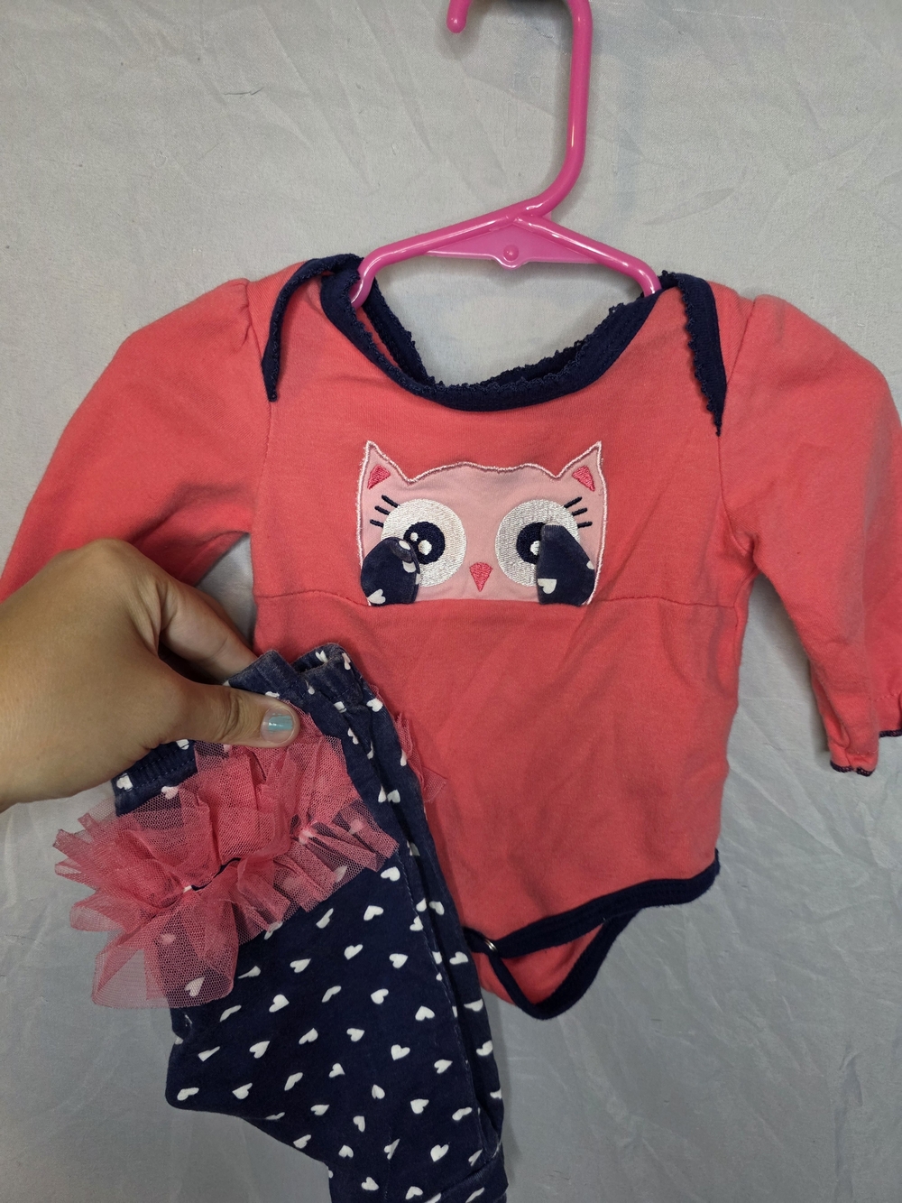 Coral Owl Appliqué One-Piece with Navy Heart Leggings - Kids